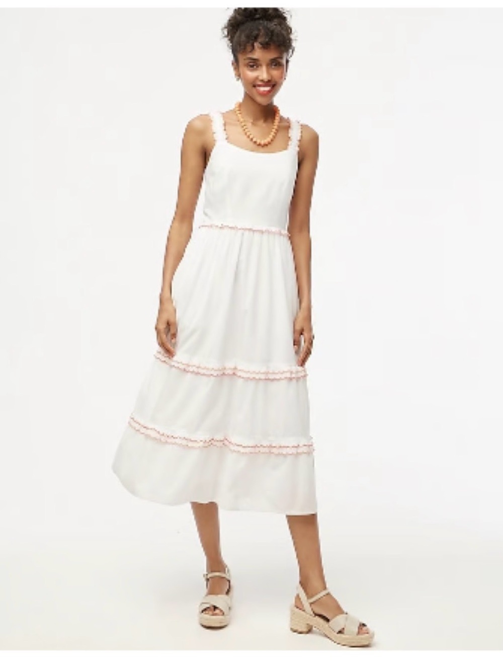 J. Crew White Midi Dress with Pink Trim